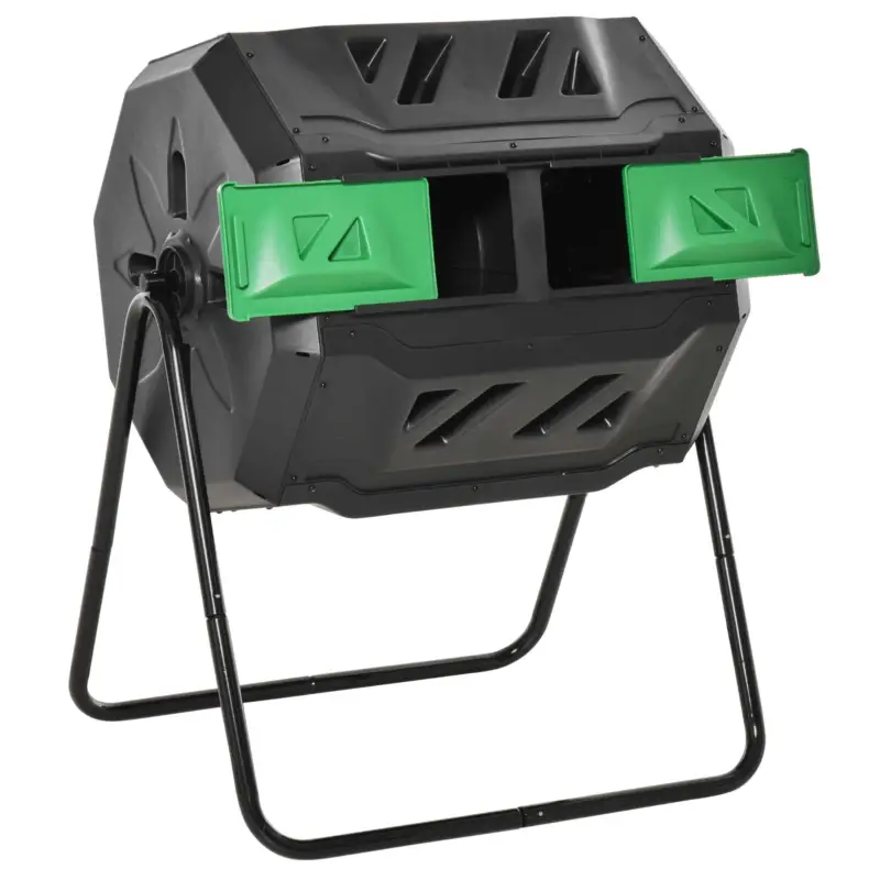 Reduceri Outsunny Compostor Rotativ cu 2 Secțiuni și 8 Prize de Aerisire din Oțel și PP, 160L, 71x65x96 cm, Gri