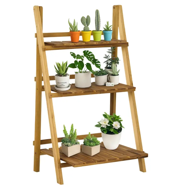 Outsunny Etajeră pentru plante în lemn formă piramidală, eșafodaj pliabil cu 3 rafturi 60 x 37 x 93 cm maro Plată securizată