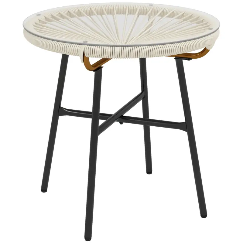 Calitate înaltă Outsunny Masă de cafea rotundă de grădină din rășină imitație rotin metal și blat sticlă temperată Ø 50 x 50 cm crem