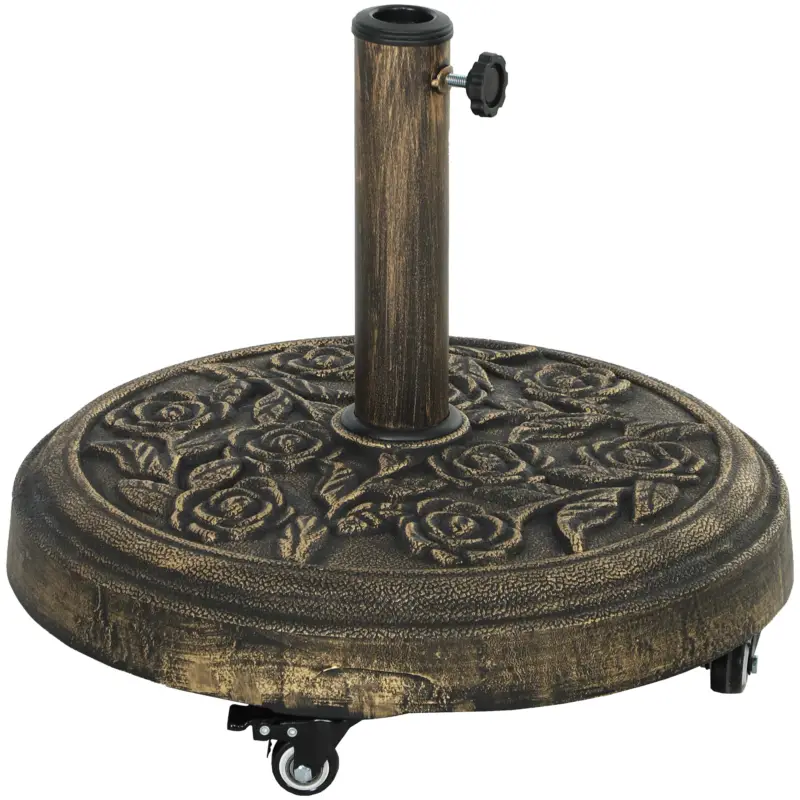 Nu rata Outsunny Bază Rotundă pentru Umbrelă, 21 kg, Suport din Rășină cu Roți și Stâlp pentru Umbrele de 32mm/38mm/48mm, pentru Grădină, Terasă, Piscină, Bronz