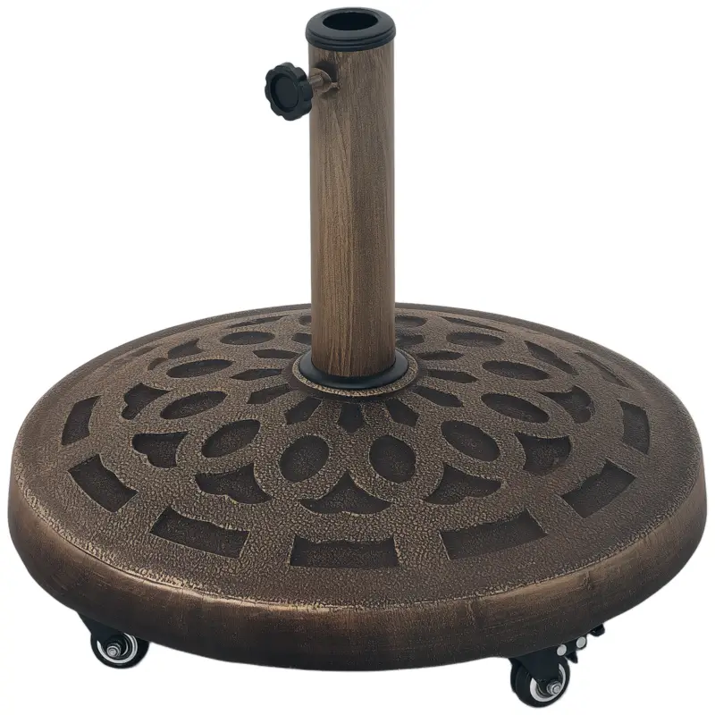 Comandă acum Outsunny Bază Rotundă pentru Umbrelă de Grădină cu Roți, Bază pentru Umbrelă din Rășină de 21 kg, Suport Robust pentru Stâlpi de 32mm/38mm/48mm pentru Exterior, Margine Piscină, Bronz