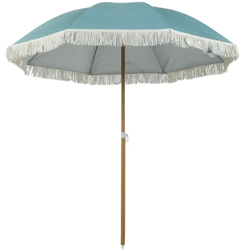 Ultima șansă Outsunny Umbrelă de plajă mâner efect lemn Ø 1,7 m, umbrelă mare cu ciucuri înălțime reglabilă, UPF50+ sac de transport, bleu deschis