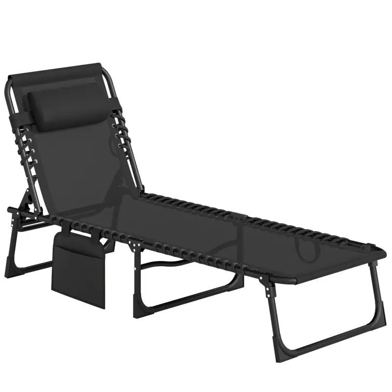 Outsunny Șezlong de Grădină Pliabil cu Spătar Reglabil în 5 Poziții și Pernă, 185x58x30cm, Negru Cel mai bun preț