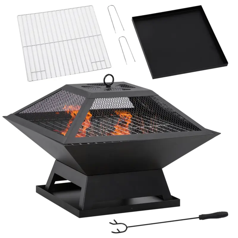 Outsunny Grătar 45 x 45 x 34cm din oțel inoxidabil cu protectie împotriva scânteilor și cârlig pentru grătar pentru grădină, balcon, BBQ camping negru Ofertă exclusivă