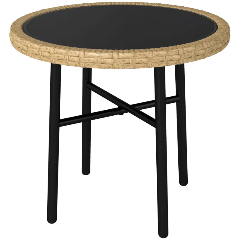 Outsunny Masă de Cafea Rotundă de Grădină, Masă Auxiliară Exterioară din Rășină Împletită și Blat din Sticlă Securizată, 46x46x43cm, Natural Plată sigură