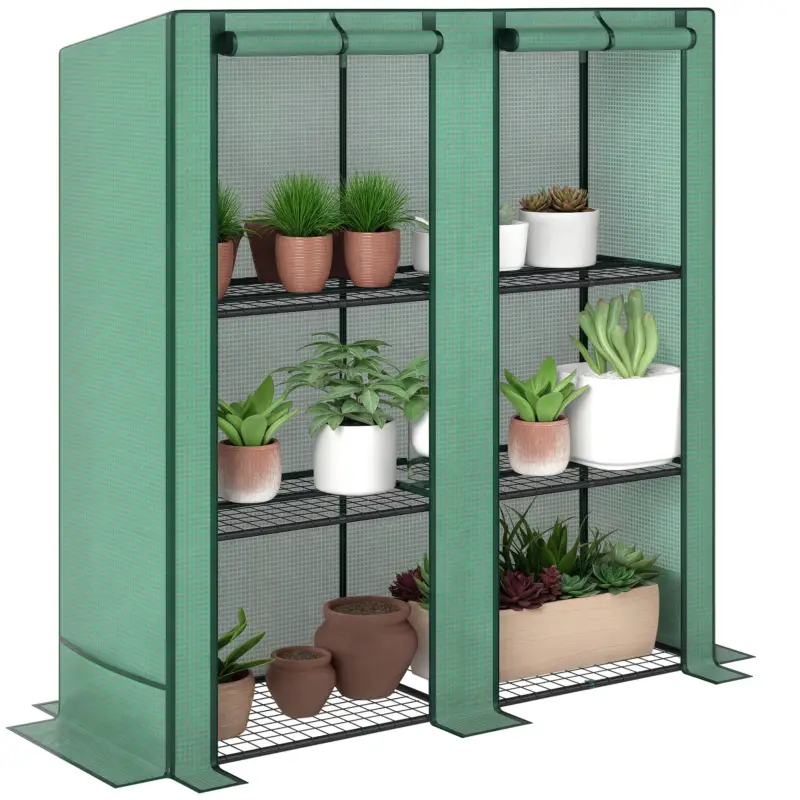 Outsunny Sera de grădină cu rafturi metalice la 3 nivele sera de balcon acoperire PE acoperiș înclinat 144 x 48 x 152 cm verde Reducere