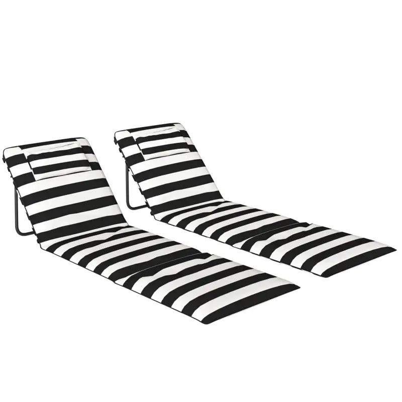 Outsunny Set 2 Șezlonguri de Plajă cu Tetieră Căptușită, din Metal și Țesătură Oxford, 150x50x2 cm, Gri și Alb Ofertă specială
