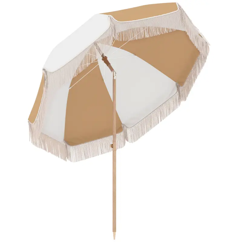 Outsunny Umbrelă de plajă cu franjuri Ø175 cm Umbrelă pentru terasă exterioară cu înălțime reglabilă Înclinare 30° Alb și Bej Ofertă