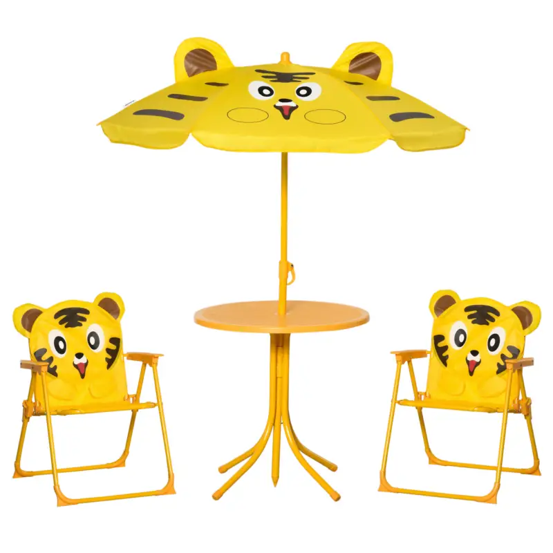 Reducere Outsunny Set de Exterior pentru Copii, 4 Piese cu 2 Scaune Pliabile, Umbrelă de Grădină și Masă Rotundă, Set din Oțel și Țesătură Oxford Galben