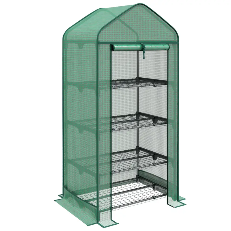Outsunny Seră pentru Plante cu 4 Rafturi și Ușă Rulabilă, din Metal și PE, 69x49x158 cm, Verde Închis Reducere