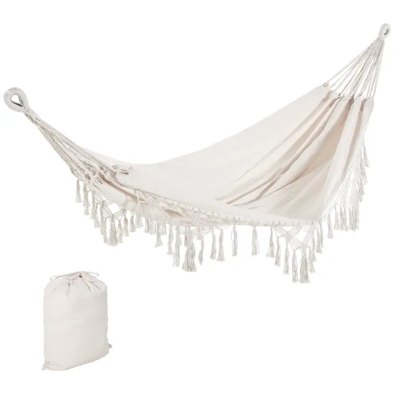 Noutate Outsunny Hamac de grădină suspendat din material cu franjuri stil Boho, 288x150 cm, capacitate 120 kg, crem