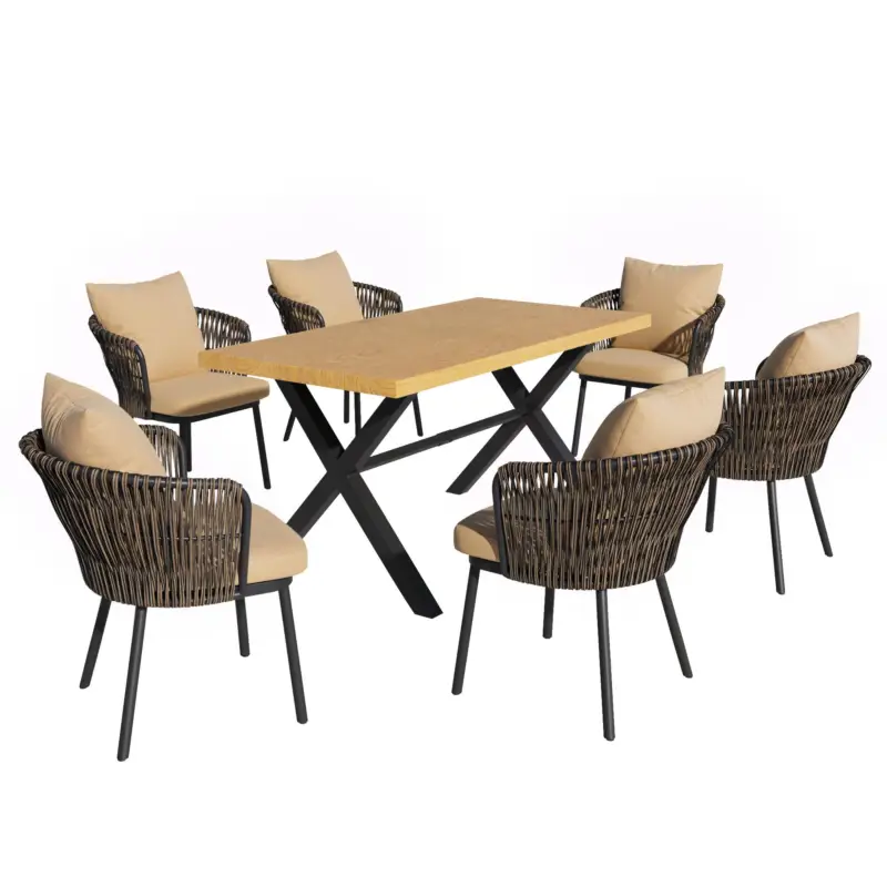 Preț promoțional Set modern de luat masă pentru grădină, 6‑piese, pentru 6 persoane, Kaki+Culoare naturală