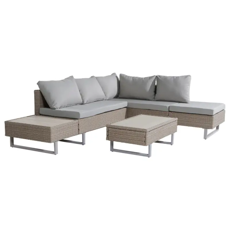 Set de grădină 4 piese din poli-rattan pentru 4-5 persoane cu colțar, masă și perne, huse lavabile, Kaki Transport gratuit