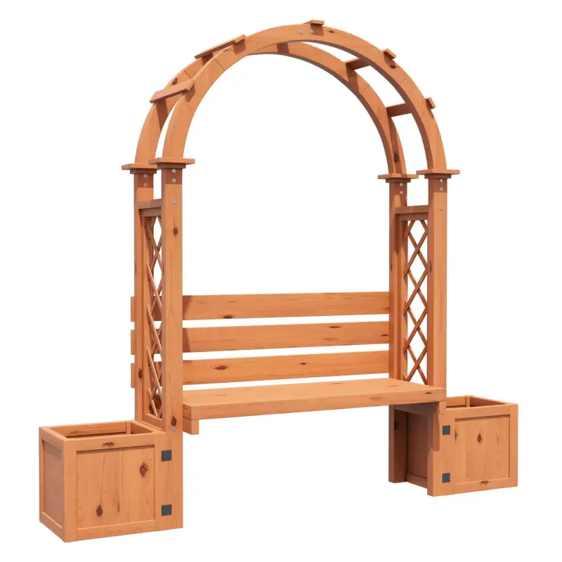 Bancă pergolă cu jardiniere și grilaj curbat, funcție triplă: bancă de șezut, jardiniere și suport pentru plante cățărătoare, 160x30,5x160 cm, Culoare naturală Cumpărături sigure
