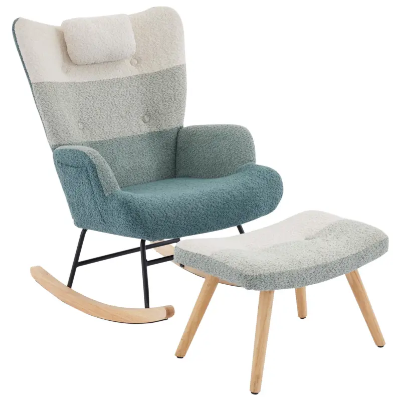 Ofertă exclusivă Fotoliu balansoar Bouclé în stil patchwork cu dungi colorate, design ergonomic și spătar înalt, Multicolor