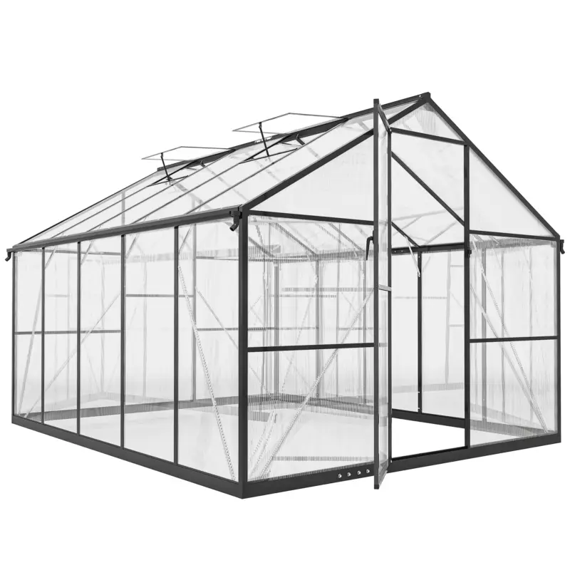 Livrare expres Outsunny Seră pentru grădină din policarbonat și aluminiu cu ușă batantă și 2 ferestre reglabile, 304x247x205 cm, negru