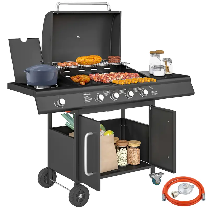 Outsunny Grătar pe Gaz cu Dulăpior, Capac, Măsuță Laterală și Tavă de Colectare a Grăsimii, 129,5x56x110 cm, Negru Reducere de preț