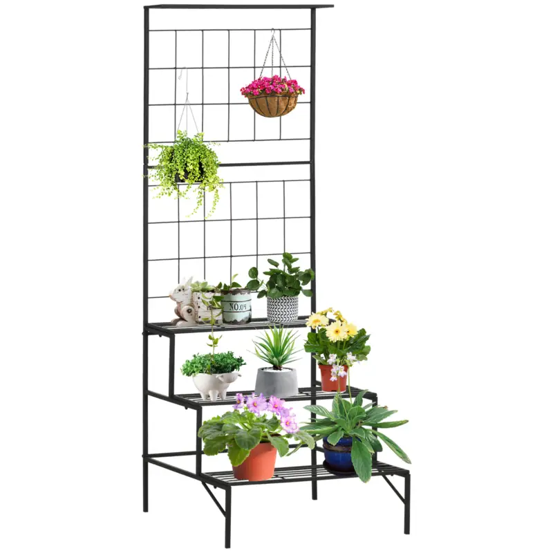 Livrare gratuită Raft Suport pentru plante Outsunny cu 3 Etajere di Panou Posterior, Jardiniera Verticala pentru Plante Cataratoare, din Metal Negru