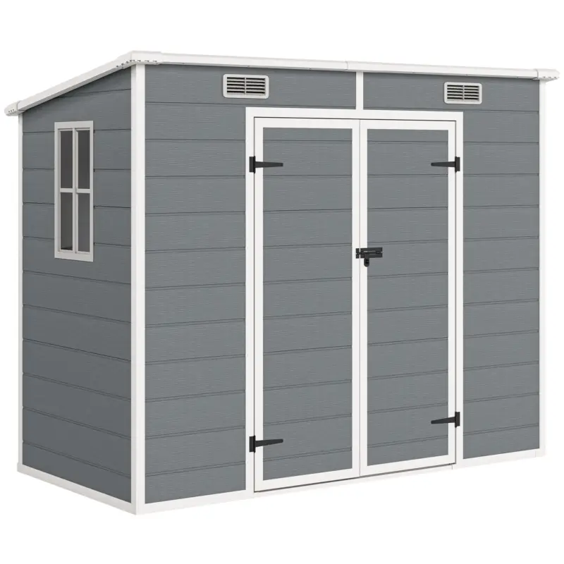 Discount Outsunny Căsuță de Grădină din Rășină cu Podea, 2 Uși Blocabile, Fereastră, 2,4 x 1,3 m, Gri