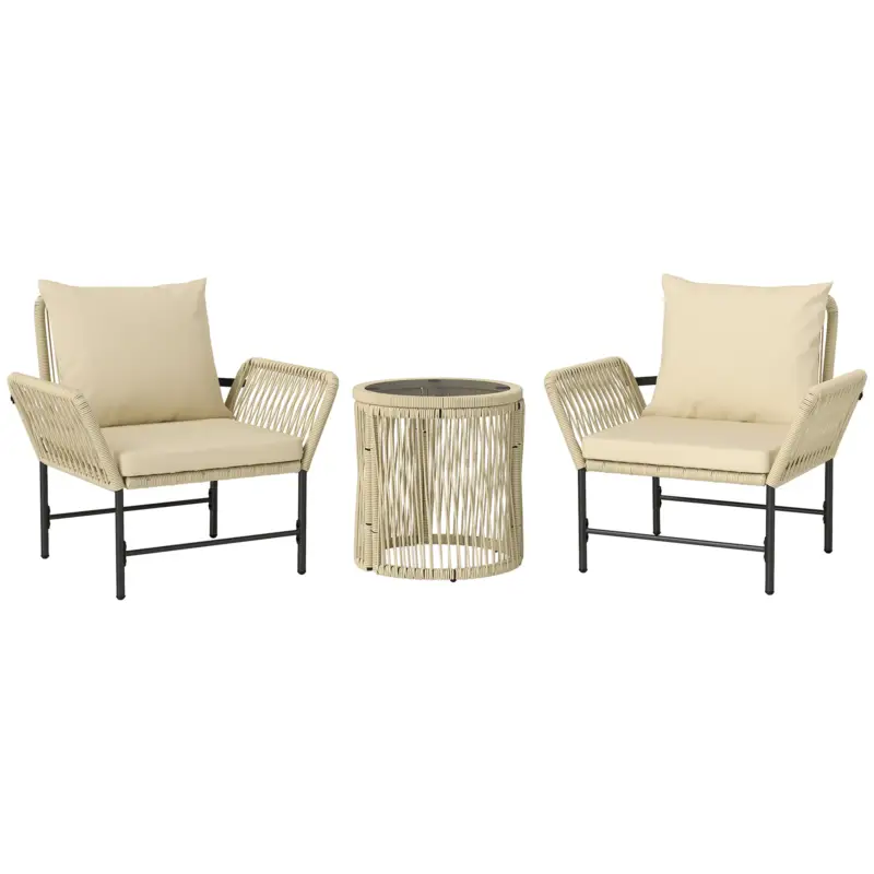 Comandă acum Outsunny Set mobilier de grădină din Polyrattan, mobilier outdoor pentru balcon pentru 2 persoane, 3 piese cu 2 scaune, măsuță laterală, perne