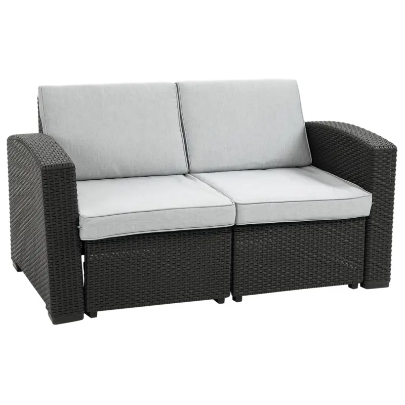 Reducere Outsunny Canapea de Exterior cu 2 Locuri din Plastic PP cu Efect de Ratan, Canapea de Gradina cu Perne Detasabile si Lavabile, Gri si Negru
