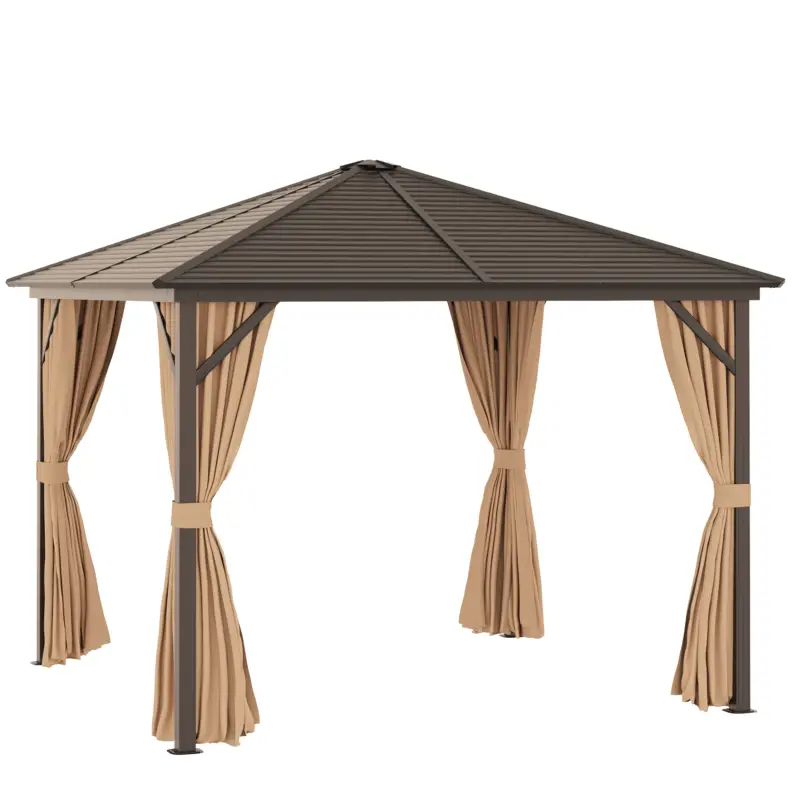 Outsunny Foisor de Gradina 2.98x2.98m in Aluminiu cu Plasa de Tantari, Perdele Laterale si Acoperis Rigid, Maro Mai ieftin