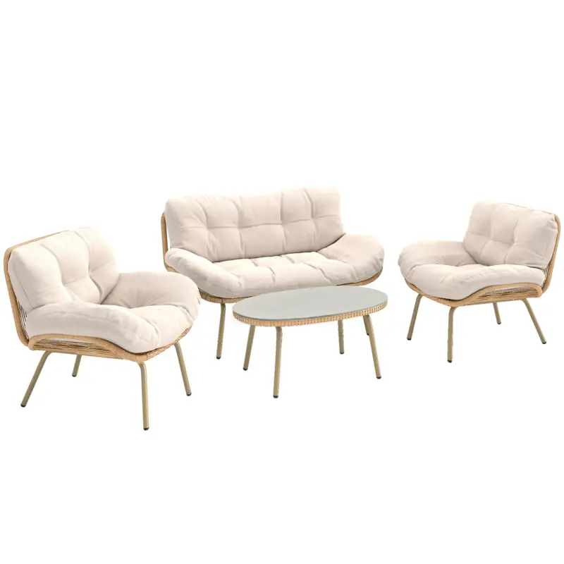 Outsunny Set mobilier grădină 4 piese Set lounge din polyrattan cu canapea 2 locuri 2 fotolii masă Șezut adânc Perne groase Ofertă limitată