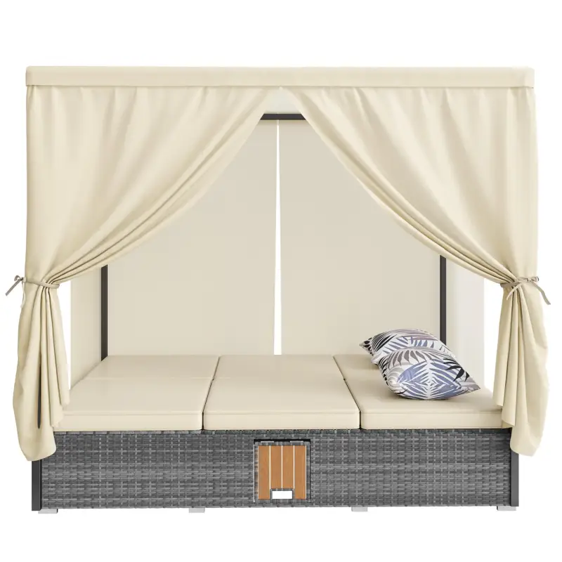 Șezlong de grădină pat dublu cu perdea de umbră, șezlong din ratan cu spătar reglabil și măsuță laterală detașabilă, 187L × 128P × 186Î cm, Bej Doar azi