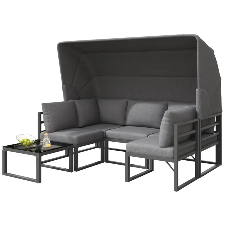 Set de mobilier de grădină din 4 piese, canapea cu trei locuri cu marchiză, 2 fotolii individuale și măsuță de cafea, Gri Disponibil imediat