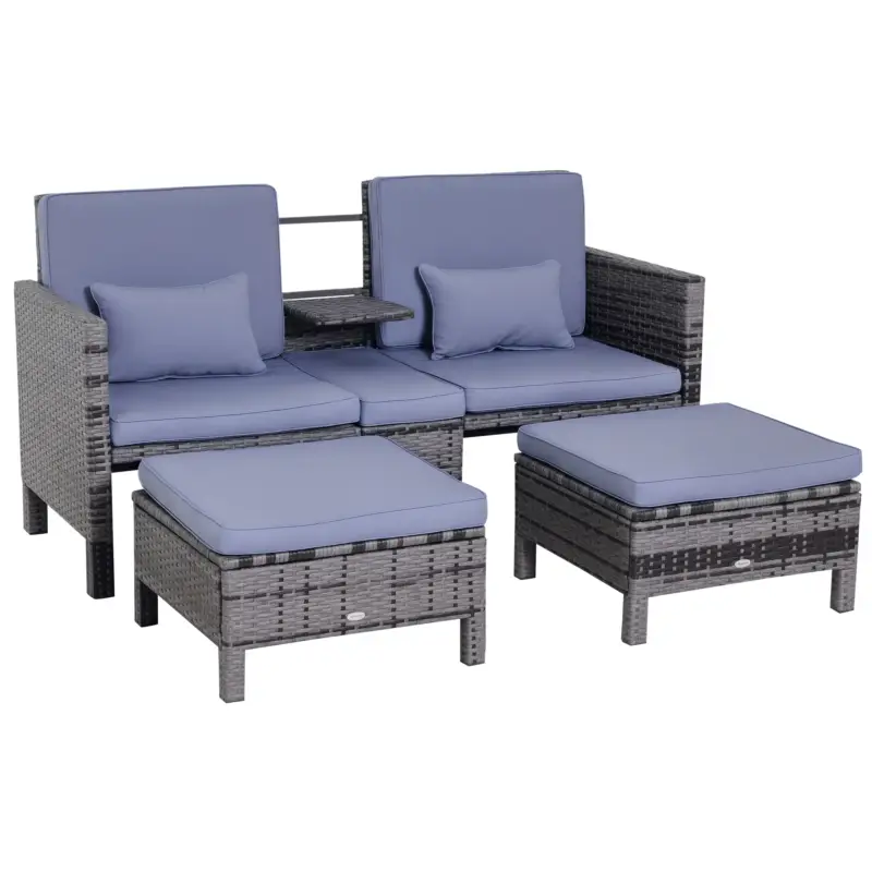 Outsunny Set mobilier de grădină, 3 piese, canapea și 2 taburete, pentru 2-5 persoane, perne de șezut, ratan, gri. Expediere rapidă
