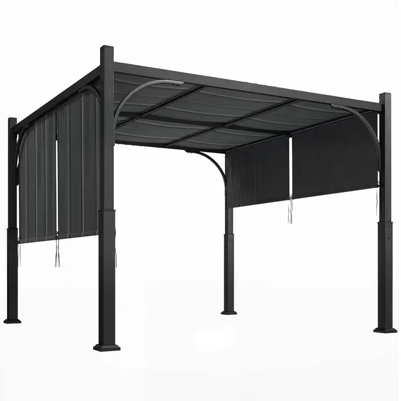 Livrare rapidă Outsunny Pergolă de grădină 3 x 3 m tonelă de grădină cu copertină glisantă, structură metalică, pentru exterior, Gri Închis