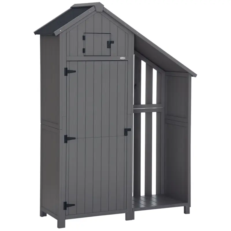 Preț mic Outsunny Căsuț de grădină, compartiment deschis pentru lemne de foc, ușă cu zăvor, rezistent la intemperii, lemn natural, 129 x 51,5 x 180cm, gri+negru