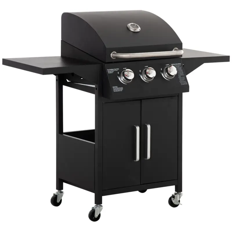 Outsunny Gril cu gaz, Gril BBQ cu 3 arzătoare fiecare cu 2,9 kw, 4 roți, Negru Retur ușor
