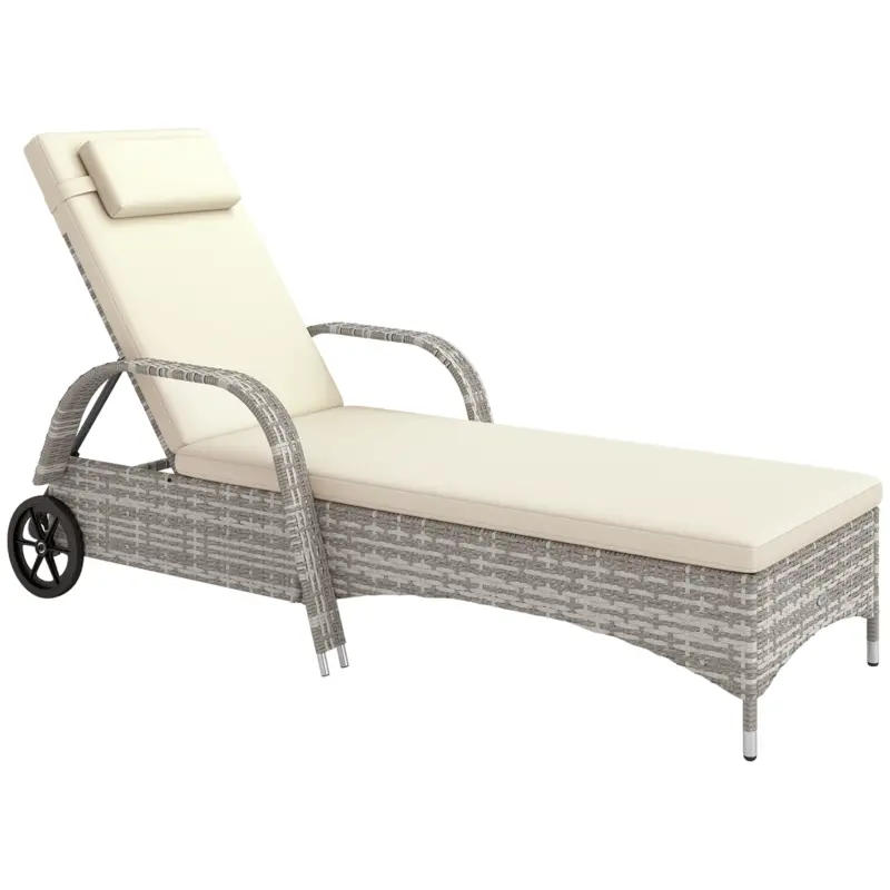 Outsunny Șezlong saltea înclinare reglabilă multi-poziții cotiere roți 200 x 73 x 30-103 cm gri deschis Livrare gratuită