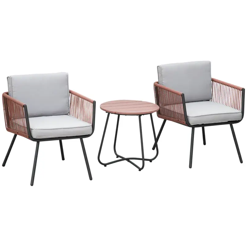 Disponibil imediat Outsunny Set de mobilier de grădină din rășină impletită 3 piese cadru din oțel 2 fotolii și masă de cafea perne incluse gri tei portocaliu