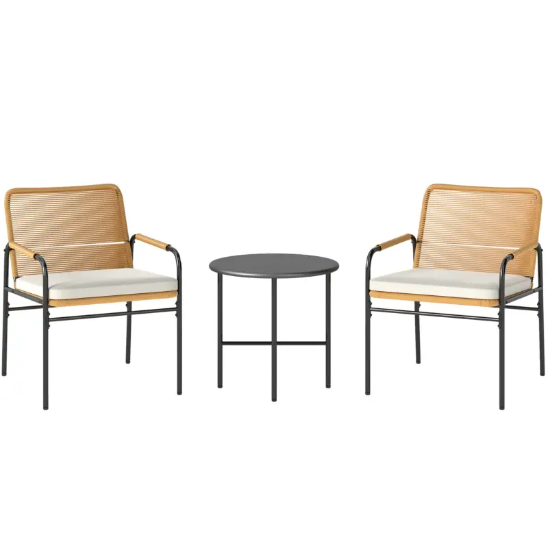 Outsunny Set de Mobilier de Grădină din Ratan Sintetic cu 2 Scaune cu Perne Detasabile și Masă cu Blat Metalic Natural Plată securizată