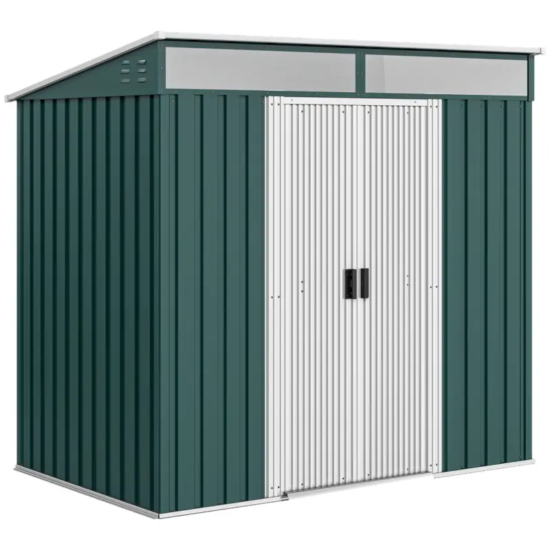 Outsunny Căsuță de Grădină cu Uși Glisante și Bază pentru Podea din Oțel, 195x122x181,5 cm, Verde Transport gratuit