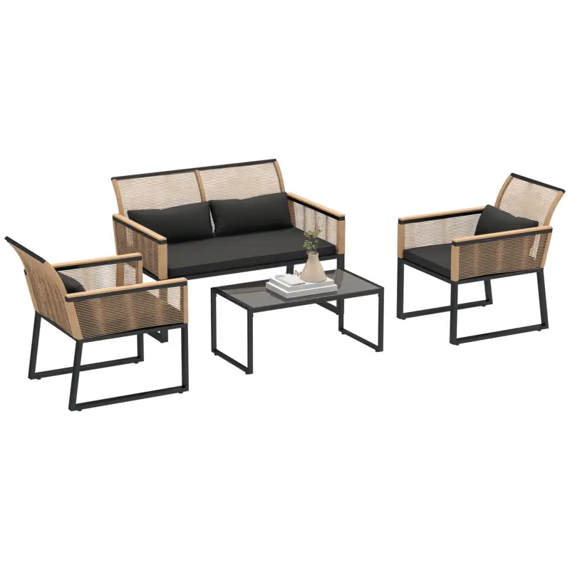 Outsunny Set Mobilier de Grădină din 4 Piese cu Canapea, 2 Fotolii și Măsuță de Cafea, 116x71x78 cm, Negru Doar azi