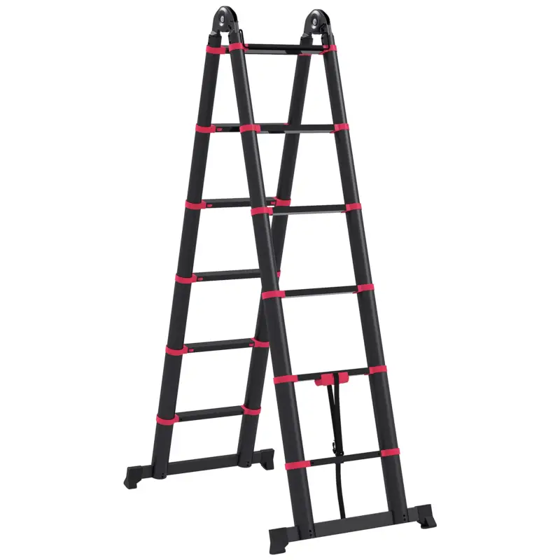 HOMCOM Scara Telescopica din Aluminiu si Nailon cu 12 Trepte cu Design Pliabil, 379x67.5x11 cm, Negru si Rosu Transport gratuit