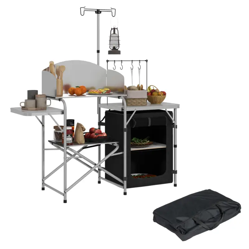 Outsunny Mobilier de Bucătărie pentru camping cu depozitare, pliantă portabilă din aluminiu cu sac de transport Premium