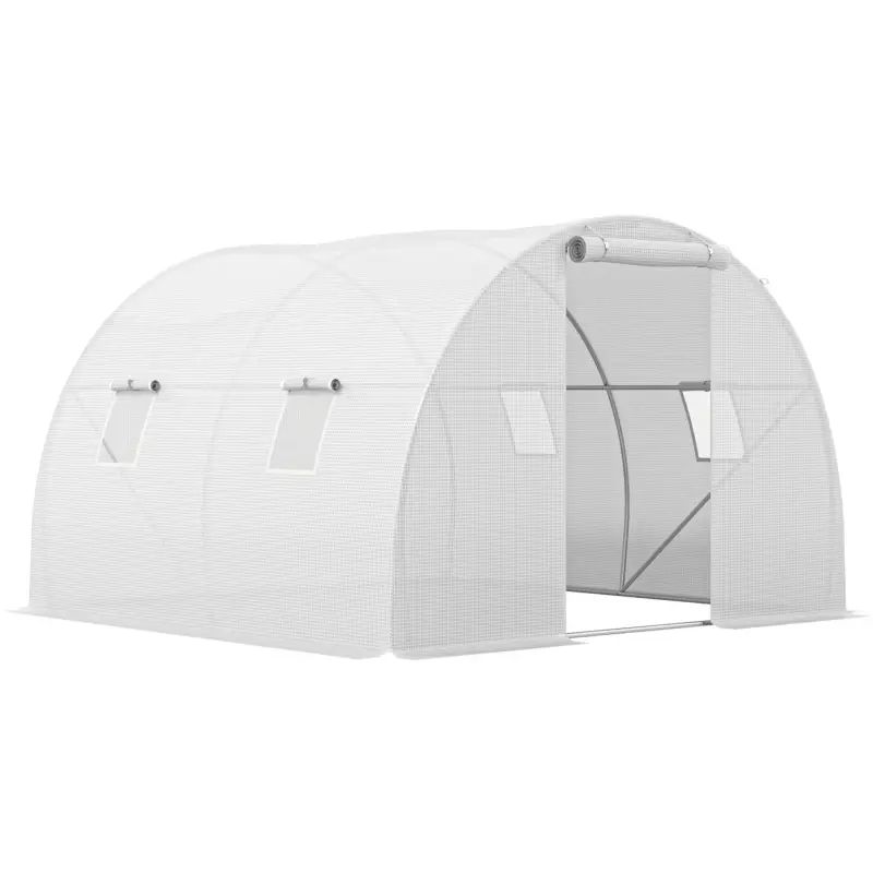 Reducere specială Outsunny Seră de grădină tunel 9 m² 4 ferestre, ușă rulou cu fermoar cadru oțel galvanizat, prelată PE 3 x 3 x 2 m alb