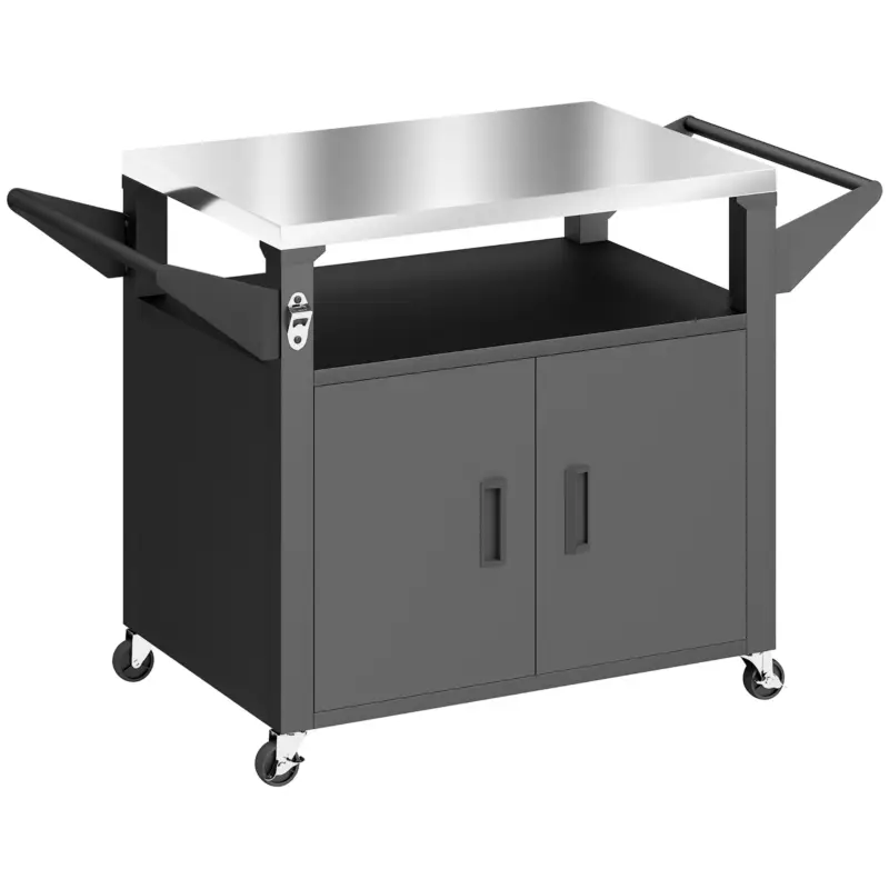 Outsunny Cărucior de bucătărie cu roți, cărucior de servire, cărucior cu dulap, mânere, suprafață din oțel inoxidabil 117 x 55 x 78 cm Negru Ofertă exclusivă