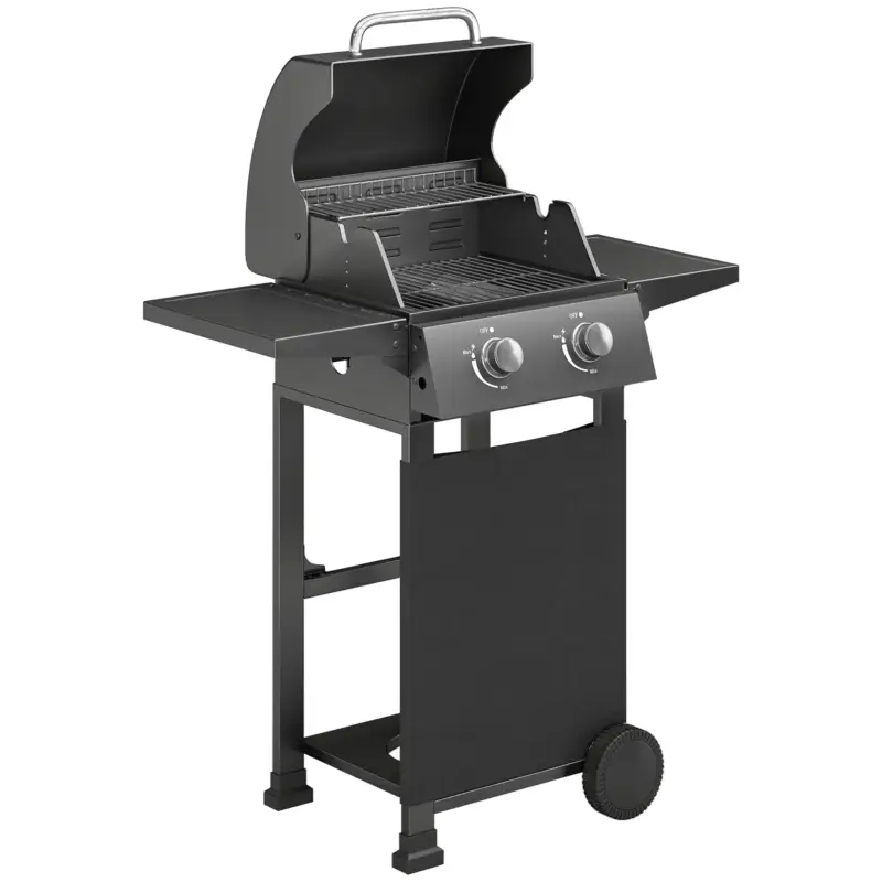 Outsunny Grătar pe gaz 5,4 KW 2 arzătoare Cărucior BBQ din oțel incl. masă laterală rabatabilă Termometru gril cromat Grătar pentru menținere la cald Retur ușor
