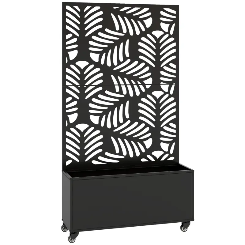 Outsunny Jardinieră Mare pentru Exterior cu Roți Panou de Intimitate cu Frunze de Monstera Cadru Metal 90x30x160 cm Negru Promoție