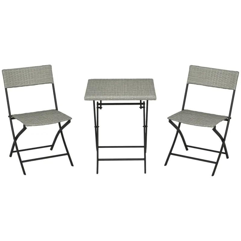 Outsunny Set de scaune de grădină 3 piese, 2 scaune pliante, 1 masă pliabilă, imitație răchită, cadru metalic, gri deschis Reducere