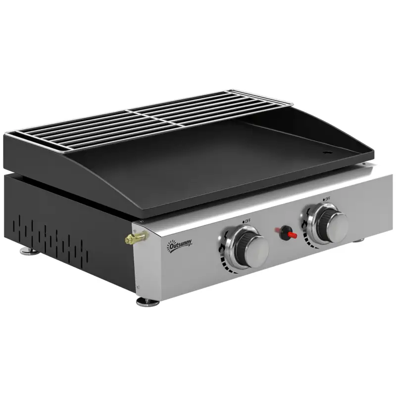 Outsunny Grătar pe gaz 5 kW Tragabil Grătar de masă cu 2 arzătoare, strat ceramic, grilaj, grilaj de menținere la cald Comandă acum
