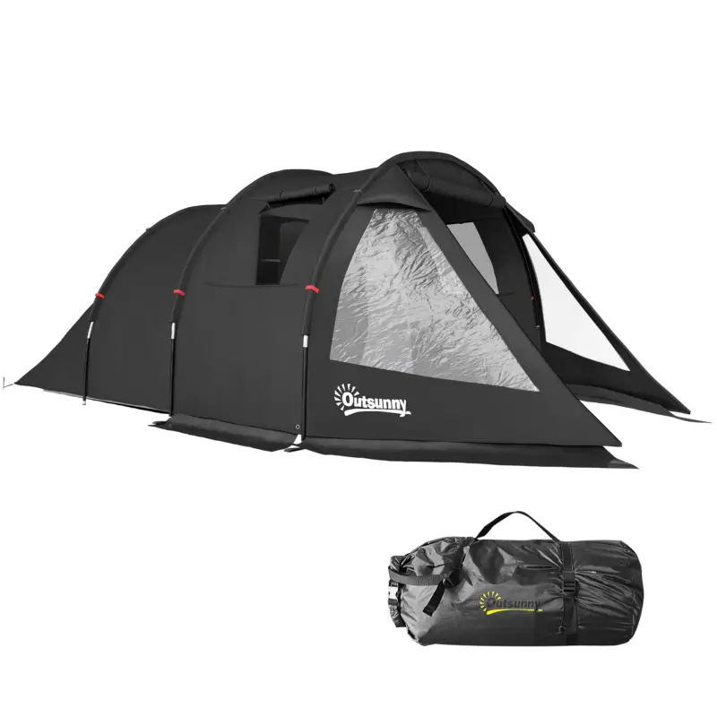 Preferatul clienților Outsunny Cort de Camping pentru 3 Persoane cu 2 Camere, Ferestre și Geantă de Transport, 475x264x172 cm, Negru