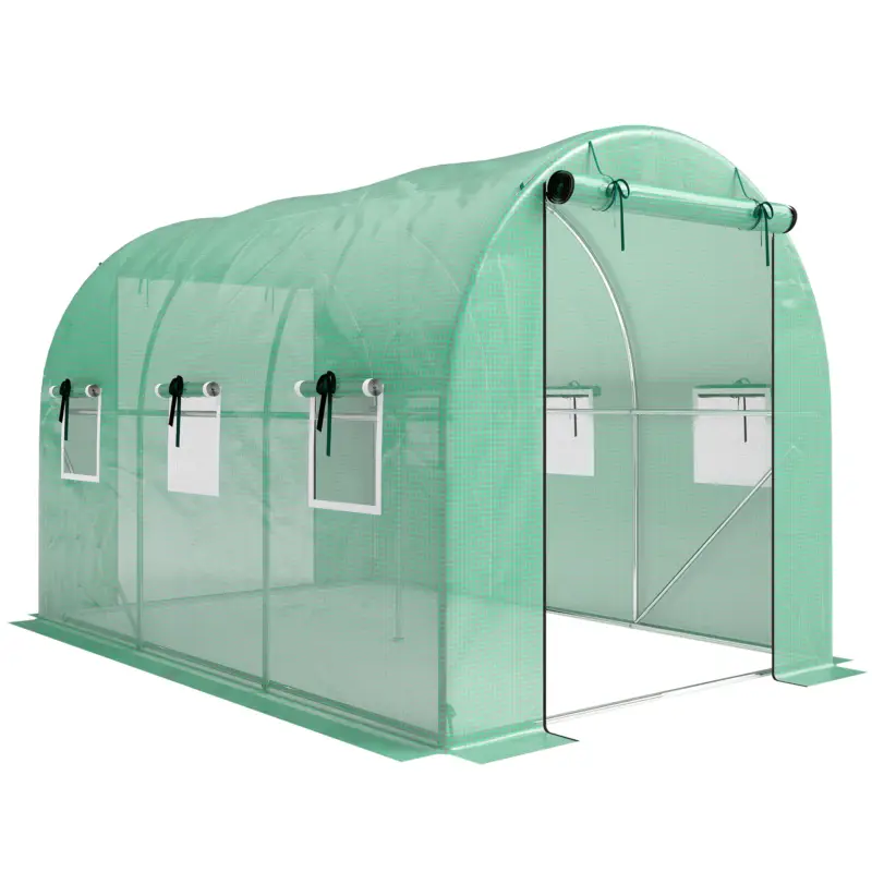 Livrare expres Outsunny Seră 3 x 2 x 2 m din folie cu ușă rulantă, 2 uși cu fermoar & 6 ferestre cu plasă, tije de susținere, Verde