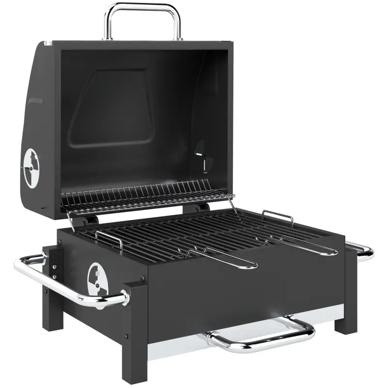 Outsunny Grătar Pe Cărbuni cu Orificii de Ventilație, Sertar pentru Cenușă, Grătar Portabil cu Termometru, Grătare, Capac, Mâner din Oțel Inoxidabil, BBQ pe Cărbuni pentru Grădină Camping, Negru Preț redus