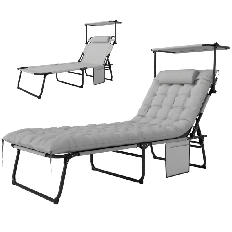 Bestseller Outsunny Șezlong pliabil cu copertină și saltea, șezlong cu spătar reglabil în 4 poziții, gri deschis